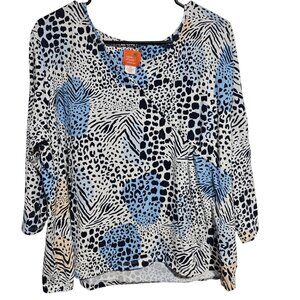 Hearts Of Palm Animal Print Top Womens Plus Size 1X Blue Black 3/4 Sleeve Blouse